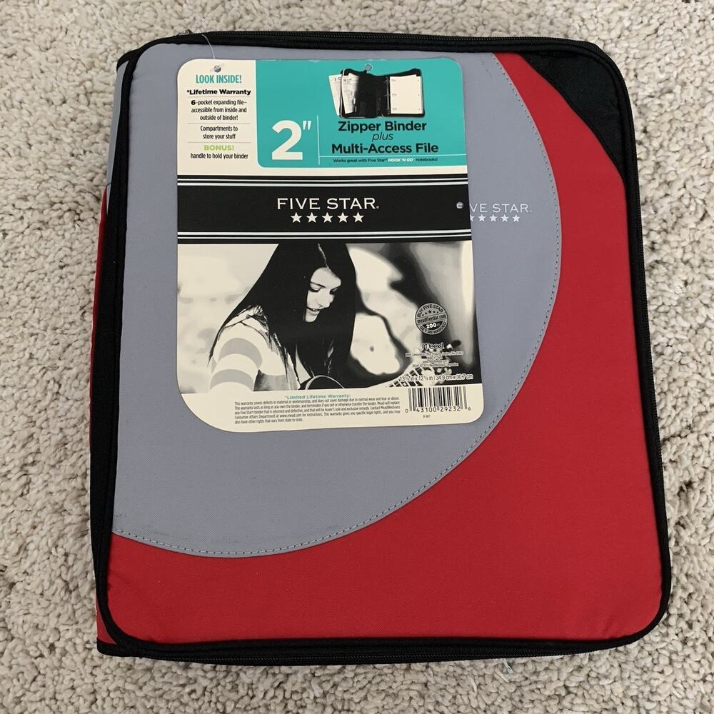 Mead FIVE STAR 2" Red & Black Zipper Binder Plus Multi-Access File Handle NEW